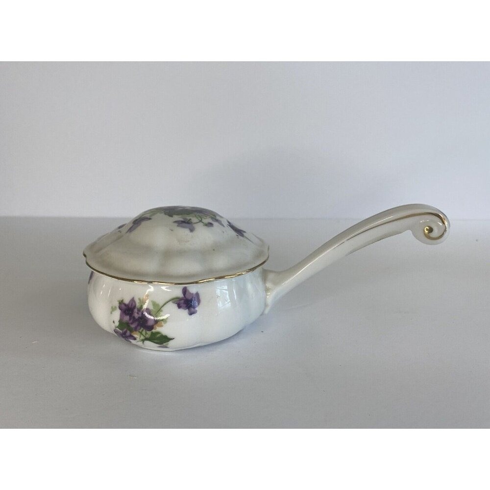 Vtg Enchanto Co CA Individual Service Dish Lid Handle Gold Trim Purple Flowers